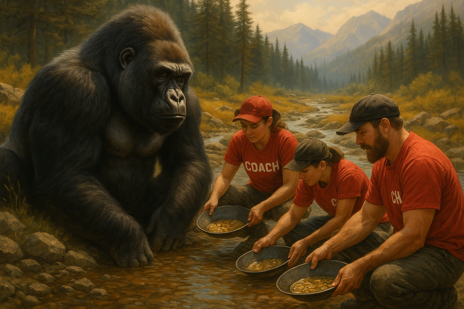 A gorilla observes three individuals panning for gold in a river, surrounded by a natural landscape of trees and mountains.